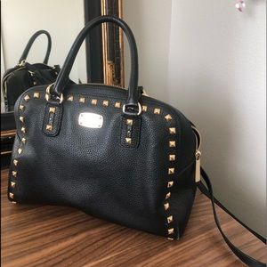 Michael Kors Black Leather Studded Satchel with Gold Hardware